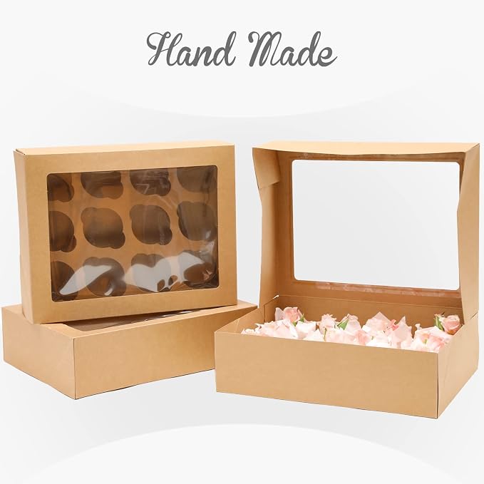 Bakepacker Auto-pop Up Cupcake Boxes with Window Brown 40PCS 12 Count Cupcake Box 13"x10"x3.5" Cupcakes Carrier, 12 Cupcake Containers with 2 rolls of pink ribbons
