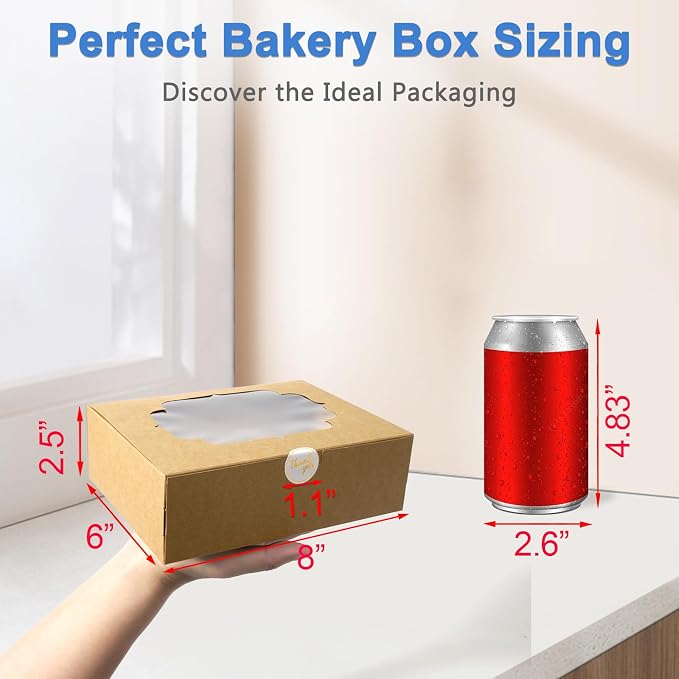 50 Pcs Bakery Boxes 8-In with Windows, Cookie Boxes Brown for Chocolate Covered Strawberries, Treats, Donuts, Cupcakes, and Candy Gift Giving 8x6x2.5 Inch