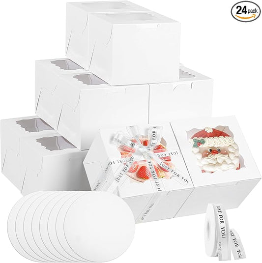 JCD 48pcs Bakery Boxes with Window,6x6x5in Small Bento Cake Box, Mini Cake Boxes sets cake within 6'' (24 Boxes & 24 Boards), Package for Pastries, Cupcakes, Birthday, Wedding(6 * 6 * 5inch/24sets)
