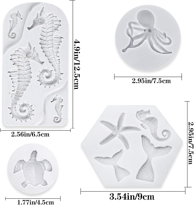 4 PCS Marine Theme Fondant Silicone Mold Hippocampus Turtle octopus Shape DIY Handmade Baking Tools, For Theme Cake Cookie Chocolate Candy Decoration Fondant Polymer Clay
