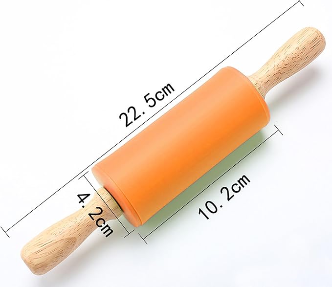 Silicone Rolling Pin, Orange 9 Inch Pin with Wooden Rotatable Handle for Dough of Baking Bread, Cookie, Pizza (orange, 9 inch)