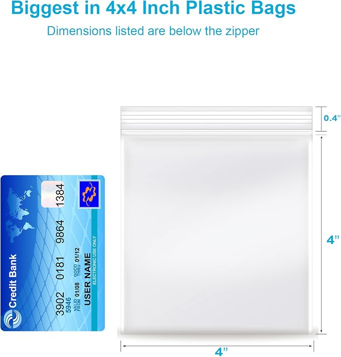 4''x 4'', (Pack of 100) 2 mil Thick Clear Plastic Reclosable Zip Poly with Resealable Lock Seal Zipper, Clear Small Zip, Jewelry, Candy Bags, Storage, Packaging & Shipping…
