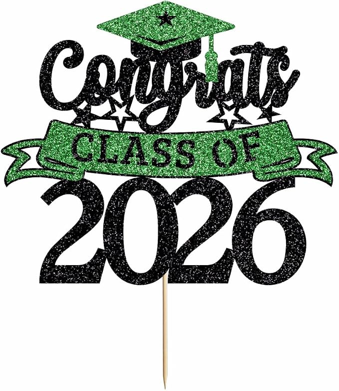 Glitter Class of 2026 Cake Topper，Congrats Grad Decorations， 2026 Happy Graduation High School/College/University Graduation Party Supplies