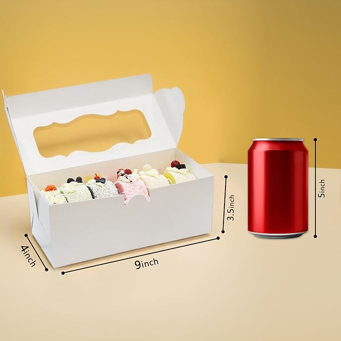 50pcs 9x4x3.5 Inch Cookie Boxes White Bakery Boxes with Window Treat Boxes Present Boxes for Roll Cakes, Desserts, Muffins, Donuts, Candies and Pastries(9 Inch)