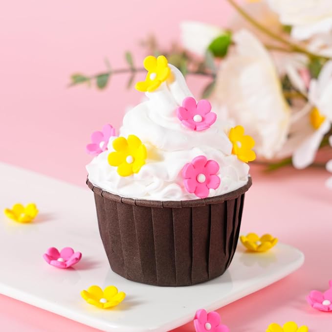 Edible Flowers Cake Decorations 48 Count Pink Yellow Blossoms Royal Icing Decorations Daisy Sugar Wedding Flowers for Baking Cupcakes Ice Cream Waffles Cookies Birthday Cake