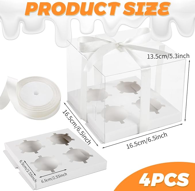 JCD 4Pack Clear Cupcake Boxes, 4 Count Cupcake Containers with Gift Ribbon,5.3inches height Plastic Cupcake Carrier Holder for Treat Dessert Cookies Muffins Pastry Baby Shower Party(4count/4pcs)