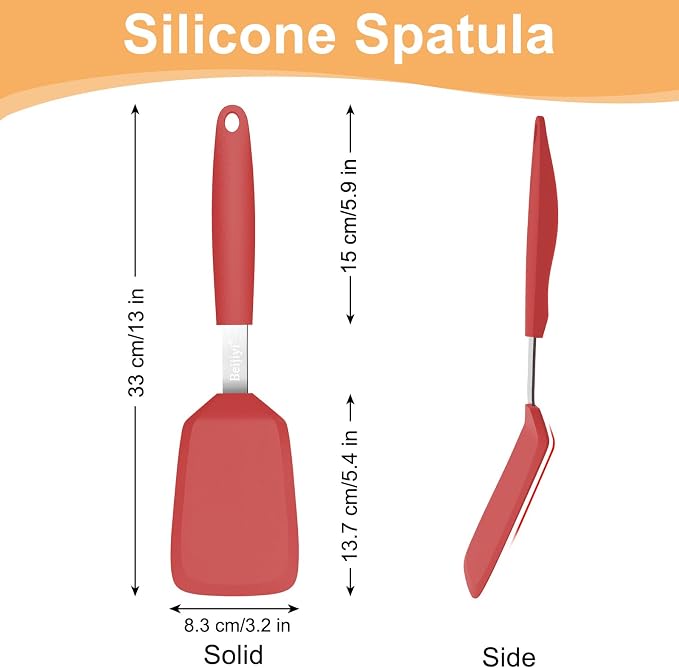 Beijiyi Silicone Spatula Turner, 600°F Heat Resistant, 13 x 3.2 in (Red) | BPA Free, Non-Toxic, Flexible Turner, Non Scratch for Non Stick Frying Pan, Flipping, Cooking, Dishwasher Safe