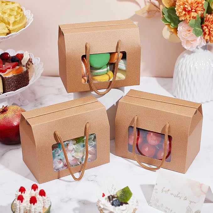 BENECREAT 20 Packs Kraft Paper Stand Up Gift Box Bags 5.9x3.5x4.7 Inch, BurlyWood Cupcakes Cookies Box with Clear Window and Handle for Packaging, Retail, Party, Gifts, Wedding, Business