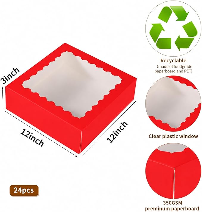 24 pcs Red Pie Boxes,12x12x3 Inch Auto-Popup Bakery Boxes with Window Donuts Chocolate Muffins Donuts Pastry Dessert Cookie Box For Packaging