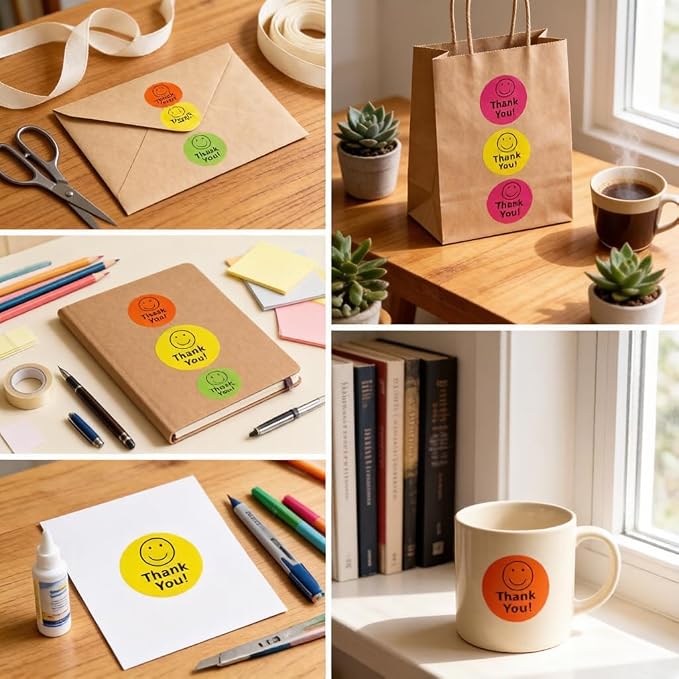 BLESS-VAST 500 PCS Thank You Stickers for Small Business - 1 Inch Colorful Smile Decal Envelope Seal 4 Designs Vibrant Colors Labels for Baking Packaging Water Bottle Wraps Crafts (Colorful Smile)
