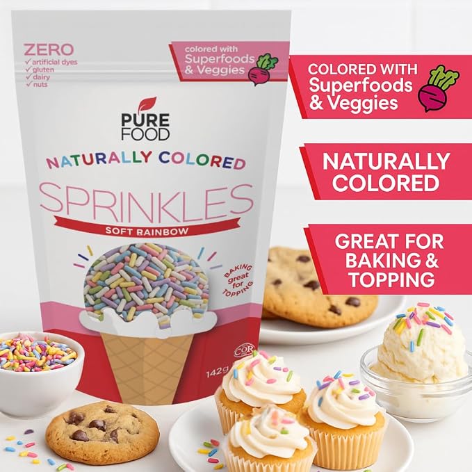 Pure Food By Estee Natural Soft Rainbow Color Sprinkles, 5oz (2 Pack) | Vegan | Dye Free Rainbow Jimmies for Baking | Natural Colors | Soy Free, Gluten Free, Dairy Free, Nut Free