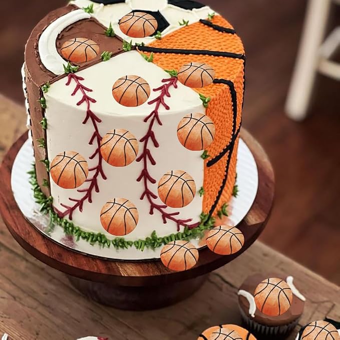 48PCS Edible Basketball Cupcake Toppers Edible Basketball Cake Decorations Sport Ball Theme Cupcake Picks for Sports Ball Theme Baby Shower Birthday Party Cake Decorations Supplies
