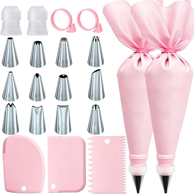 21Pcs Cake Decorating Tools: Reusable Pastry Bags & Tips Kit | 21pc Set Contain: 2 Reusable Icing Bags, 12 Tips, 3 Scrapers, 2 Couplers & 2 Bag Ties
