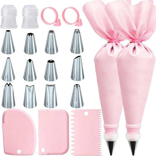 21Pcs Cake Decorating Tools: Reusable Pastry Bags & Tips Kit | 21pc Set Contain: 2 Reusable Icing Bags, 12 Tips, 3 Scrapers, 2 Couplers & 2 Bag Ties