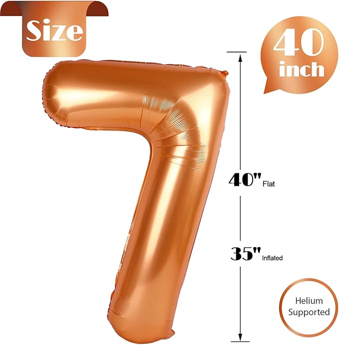 Orange Number 7 Balloon 40 Inch, 7th Birthday Party Decorations for Children, Giant 7 Foil Balloon for Party Supplies