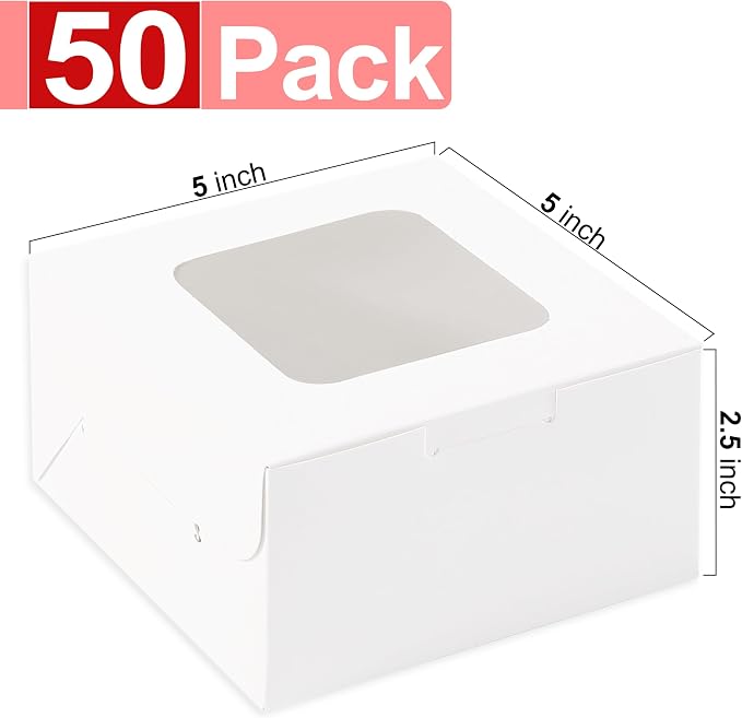 50pcs White Cake Boxes with Window,5x5x2.5 Inches Small Bakery,Treat,Pastry,Cookie,Dessert Boxes,Macaroon,Donut,Candy,Christmas Gift Giving
