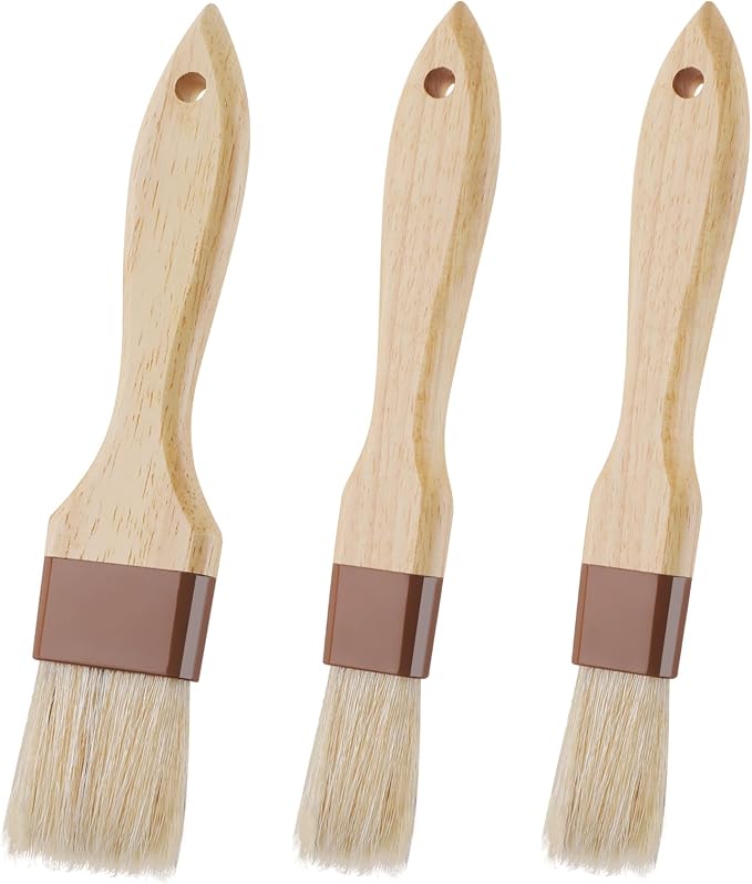 3 Pcs Pastry Brush, Natural Bristle Basting Brush, Cooking Brush, Food Brush, Butter Brush, Baster Brush, BBQ Brushes for Sauce, Kitchen Baking Brushes for Oil, Grilling, Marinade