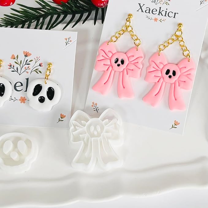 Xaekicr Skull Bow & Cartoon Skeleton Polymer Clay Cutters – Halloween Clay Earring Cutters for DIY Earrings – Cute Polymer Clay Molds for Jewelry Making – Clay Tools for Craft Lovers
