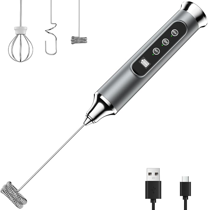YUSWKO Milk Frother Wand for Coffee, Coffee Frother Handheld Drink Mixer | Rechargeable Mixer Wand, Waterproof Electric Whisk for Protein Powder, Lattes, Cappuccino, 3 Variable Speeds 3 Whisks, Silver