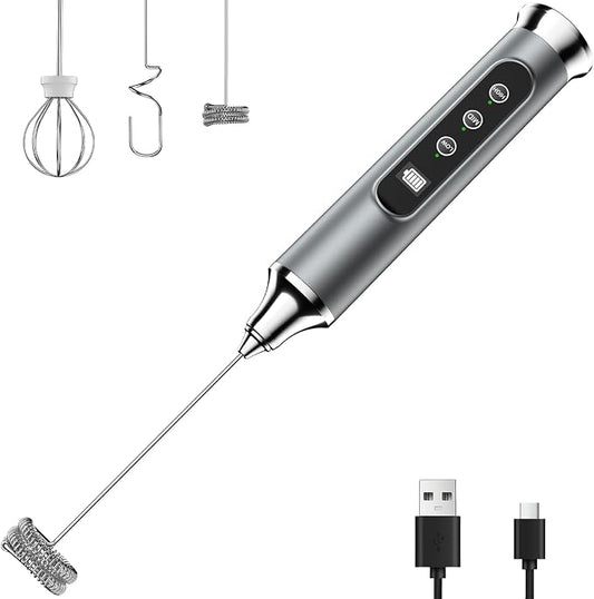 YUSWKO Milk Frother Wand for Coffee, Coffee Frother Handheld Drink Mixer | Rechargeable Mixer Wand, Waterproof Electric Whisk for Protein Powder, Lattes, Cappuccino, 3 Variable Speeds 3 Whisks, Silver