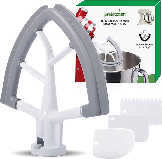 Flex Edge Beater Fit for Kitchenaid Mixer, 4.5-5 Quart Tilt-Head Flat Beater Fit for Kitchen Aid and Accessories Attachments with Silicone Edges Flex Edge Bowl Scraper Bonus 4 Soft Scraper