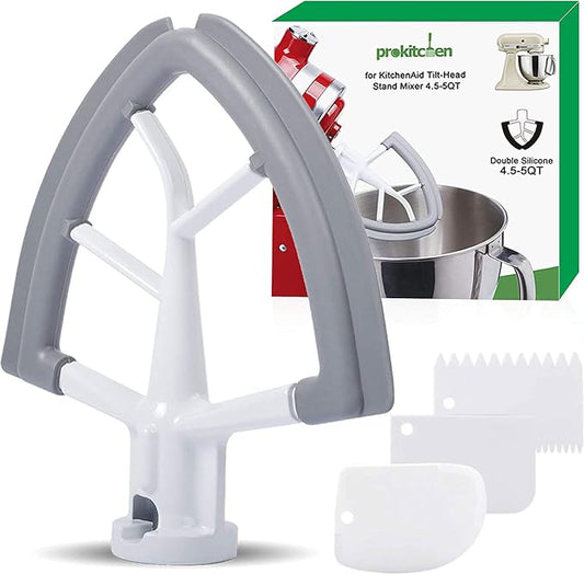 Flex Edge Beater Fit for Kitchenaid Mixer, 4.5-5 Quart Tilt-Head Flat Beater Fit for Kitchen Aid and Accessories Attachments with Silicone Edges Flex Edge Bowl Scraper Bonus 4 Soft Scraper