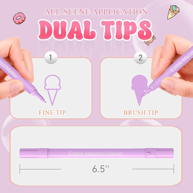 EdibleInk Macaron Food Coloring Pens 10 Color - Dual Tip Edible Markers with Fine & Thick Ends, New Macaron Pastel Set for Decorating Cookies, Cakes, Fondant, Icing, Cupcakes