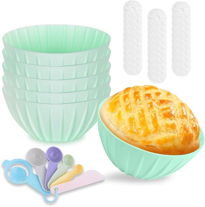 6 Pcs Silicone Bread Proofing Baskets 5 Inch Collapsible Sourdough Baking Basket Round Proofing Bowl with Measuring spoon and 30 pcs Bowl Covers Sourdough Bread Baking Supplies for Home Bakers(Green)