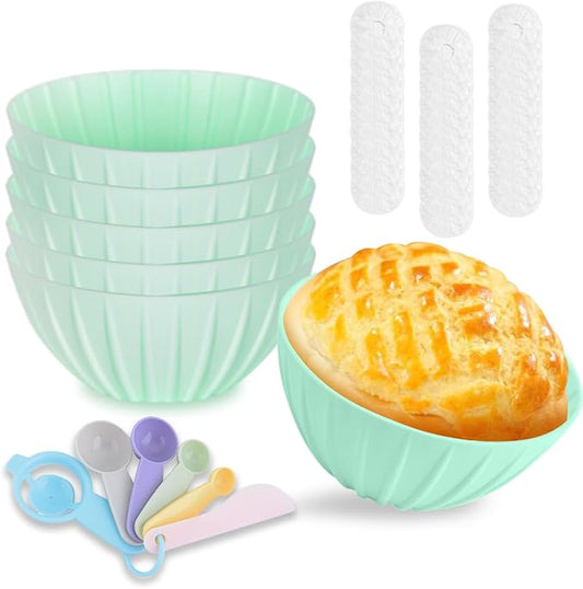 6 Pcs Silicone Bread Proofing Baskets 5 Inch Collapsible Sourdough Baking Basket Round Proofing Bowl with Measuring spoon and 30 pcs Bowl Covers Sourdough Bread Baking Supplies for Home Bakers(Green)