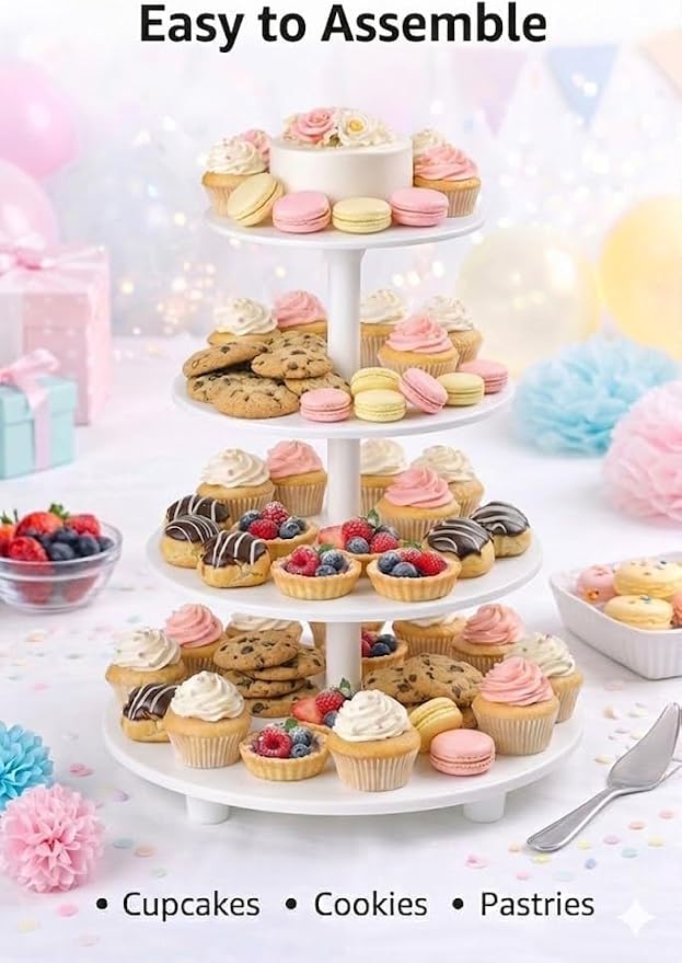 Oasis Supply 4-Tier Cake Stand – White Plastic Tiered Dessert Display Stand, Cupcake Stand for Cakes, Cupcakes, Weddings, Parties & Dessert Table Decorations