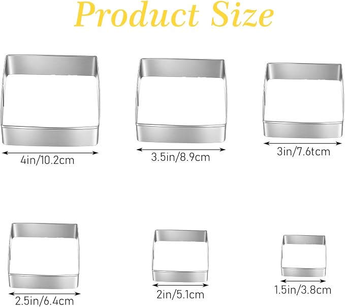 6PCS Square Cookie Cutter Set, Stainless Steel Square Cookie Cutter, Large Geometric Biscuit Molds, Geometric Frame Plaque Pastry Molds for Fondant, Cake and Chocolate (1.5, 2, 2.5, 3, 3.5, 4 Inch)