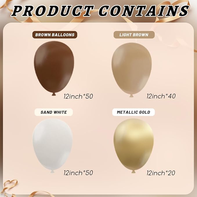 160Pcs 12 Inch Brown Light Brown Tan Sand White Metallic Gold Latex Balloons for Boho Neutral Baby Shower Birthday Party Decorations