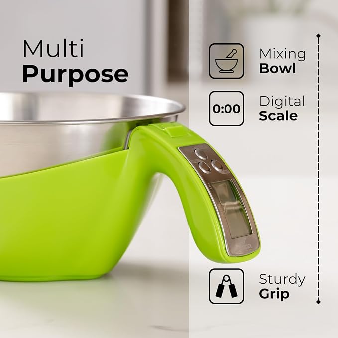 Fradel Digital Kitchen Food Scale with Bowl - 11lb, Grams & Ounces - Removable, Dishwasher-Safe Mixing Bowl - Green