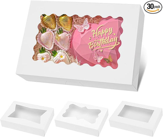 Moretoes 30pcs Auto-Popup Cookie Boxes, 12x8x2.5 Inches Bakery Boxes with 3 Style Windows for Chocolate Covered Strawberries, Donuts, Pastries,Cake Pops
