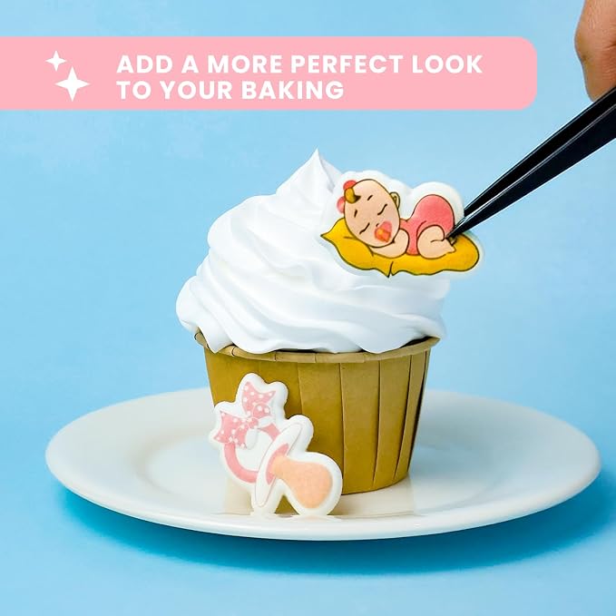 Pink Edible Baby Cake Decorations, Gender Reveal Cupcake Topper Edible, Girl Baby Shower Candy Cookies Chocolates Baking Decor, 16 pcs