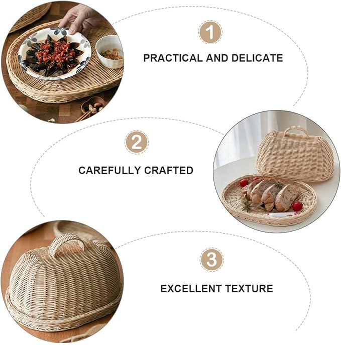 Rattan Khaki Woven Protective Basket Kitchen Dustproof Flyproof Fruit Bread Storage Organizer