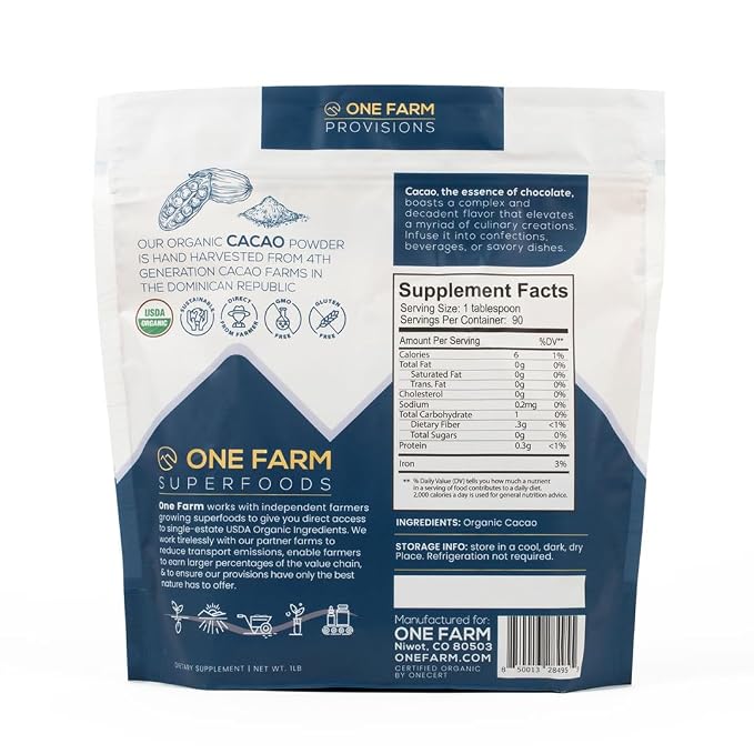 One Farm by WAAYB Organic Cacao, Single Estate, Non-GMO, Fair-Trade, Vegan, Gluten Free, 100% Raw Rizek Cacao in Resealable Bag for Cooking, Smoothies, Lattes & Baking (1 lb, Powder)