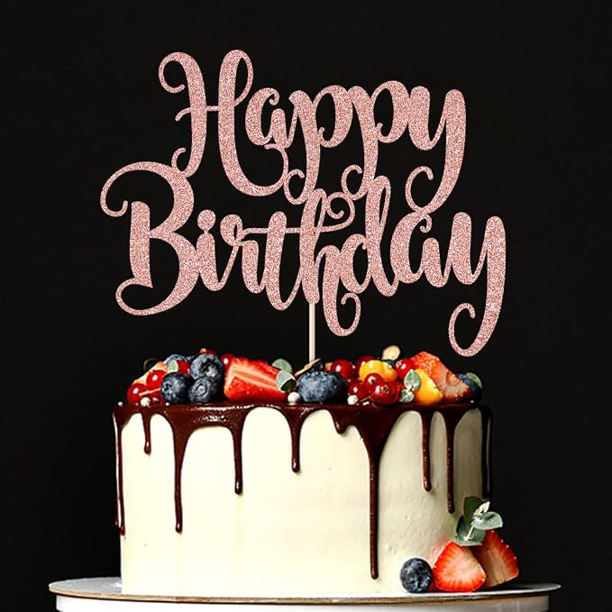 Happy Birthday Cake Topper- Glitter Happy Birthday Cake Decor, Handmade Anniversary/Birthday Party Supplies (Rose gold)
