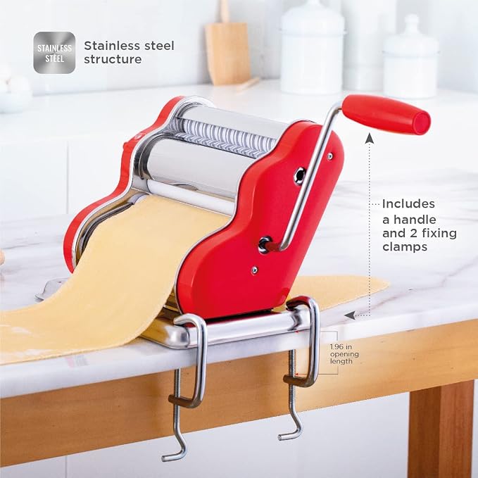 PASTALINDAClassic 200 Pasta Maker Machine, 20 cm Wide Rollers, 9 Thickness Positions, 2 Cutting Positions, Stainless Steel. Includes Reinforced Hand Crank And Two Clamps (Red)
