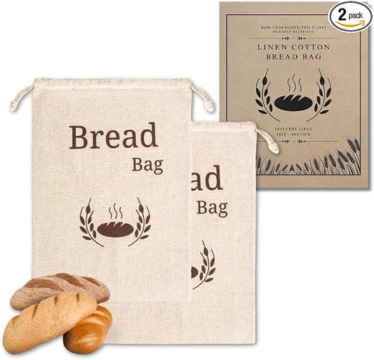 New Living Organic Linen Cotton Bread Bags 2 Pack | Extra Large 44x35 cm | Reusable Bread Storage Bags