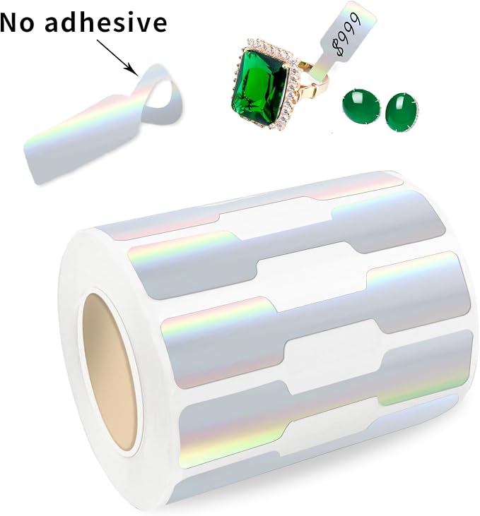 500 Pcs Jewelry Tags Roll for Necklace Earring Price Identify,Self Adhesive Silver Laser Blank Dumbbell Jewelry Stickers Labels for Bracelet, Ring, Clothing Display （Holographic Laser）