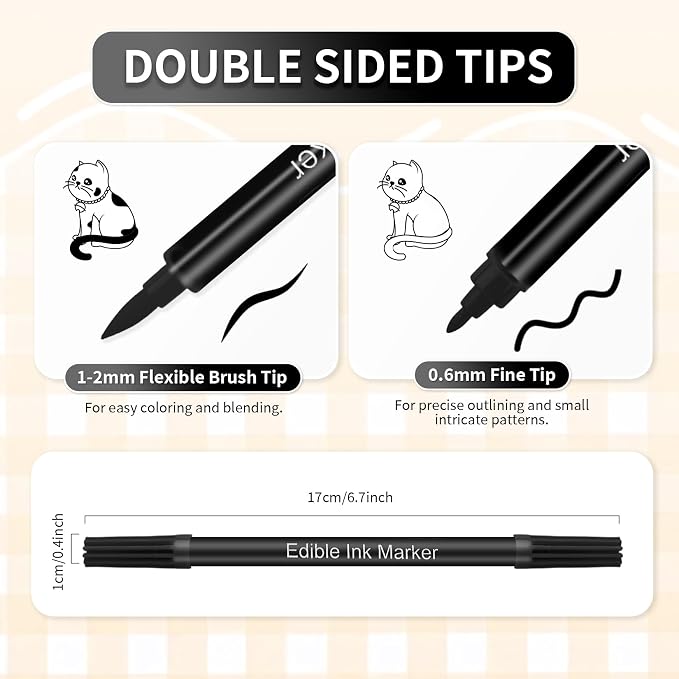 Black Edible Markers - 6PCS Double Sided Food Coloring Pens with Fine and Thick Tip, Food Grade Gourmet Writer for Cookie, Fondant, Cakes, Frosting, Baking, Easter Eggs Decorating