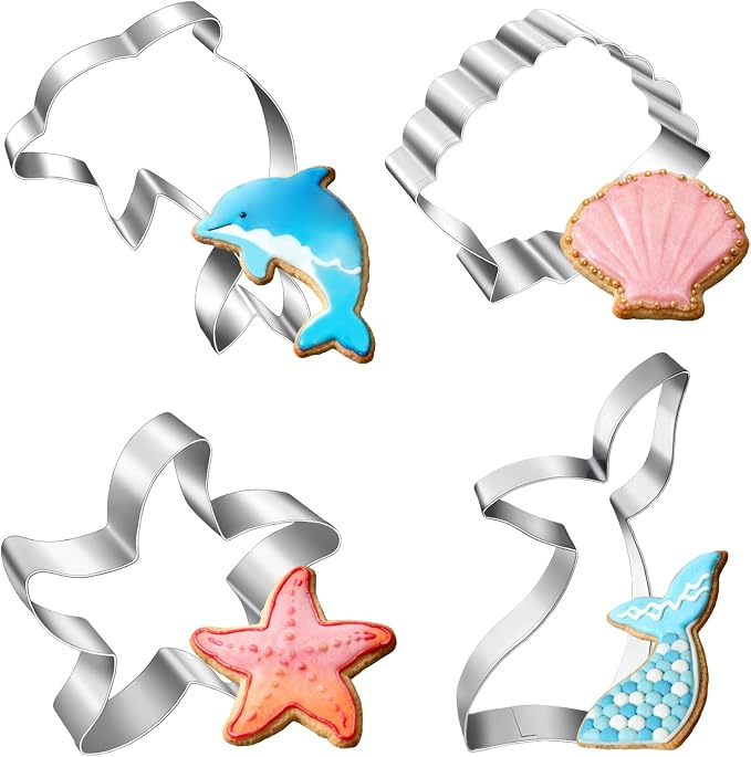 Mermaid Ocean Cookie Cutters- 4" Large Under The Sea Creatures Cute Cookie Cuttesr For Holiday Themed Parties, Mermaid Tail, Starfish, Seashell,Dolphin (4Pcs)