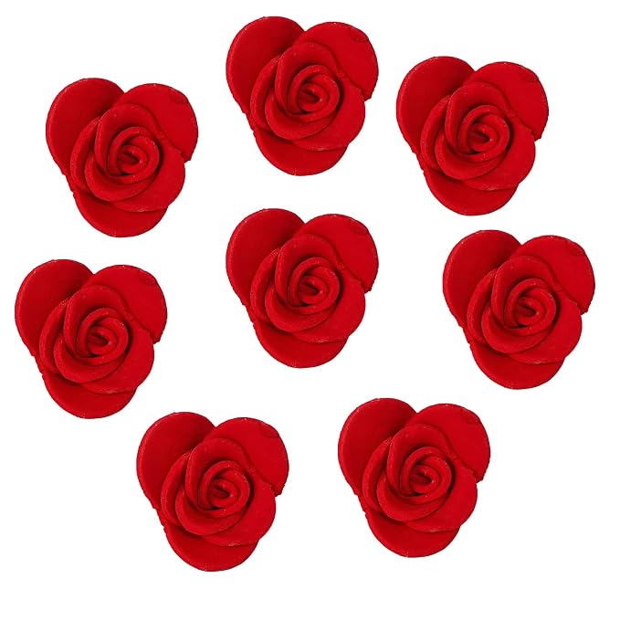 Sentovac 8 Pcs Red Rose Flowers Candy Dessert Icing Decoration Edible Valentines Day Sprinkles DIY For Cookie Cake Cupcake Topper Icing Frosting Decoration Holiday Party Supplies