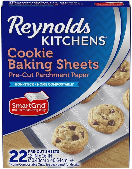 Reynolds Kitchens Cookie Baking Sheets, Pre-Cut Baking Parchment Paper Sheets for Cookies, Oven-Safe up to 425 Degrees, Reusable Up to 3X, No-Mess Cleanup, 12 in x 16 in, 22 Count