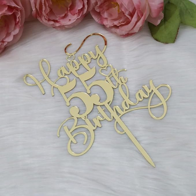 Happy 55th Birthday Cake Topper，Mirrored Gold Acrylic Topper for Cheers to 55 Years Birthday/Anniversary Party Decoration Ideas, Perfect Keepsake for your family and friends (55th)