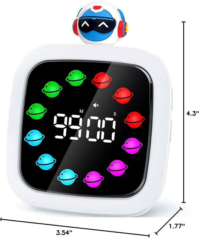 Yunbaoit Digital Visual Timer for Kids, Rechargeable 99-Minute Silent Countdown Timer with 19 Ringtones, 9 Optional DIY Color Planet Display, Time Management Tool with Pause Function (Robot)