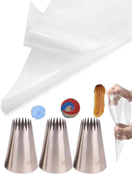 Churro Piping Tips and Bags Set,Extra Large Piping Tips 9FT for Eclair &Star with Disposable Pastry Bags,23 Pcs
