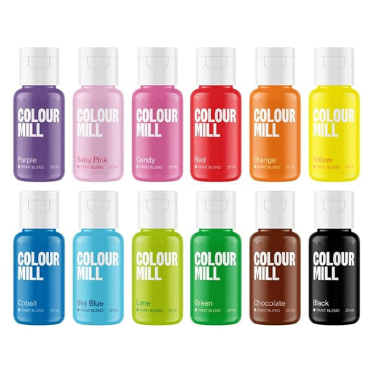 Colour Mill Edible Food Paint 20 mL – Matte Kickstarter Pack | 12 Dessert-Coating Colors: Baby Pink, Black, Candy, Chocolate, Cobalt, Green, Lime, Orange, Purple, Red, Sky Blue & Yellow