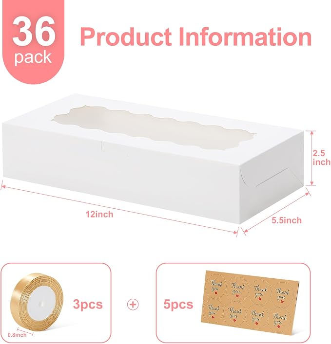36 Pack Cookie Boxes with Window, 12.5x5.5x2.5 Inches Bakery Boxes with Ribbon and Sticks, Treat Box for Chocolate Covered Strawberries, Hot Cocoa Bombs, Pastries, Donuts, Muffins